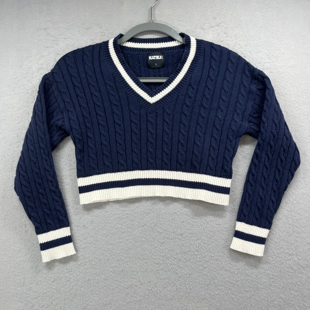 Katie J NYC Crop Sweater Women L Navy Blue Cable Knit V-Neck Long Sleeve Cotton